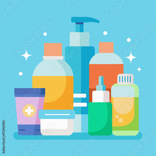 Skincare and cleansing cosmetic products. Cartoon vector illustration set of bottle and container with cream and shampoo, lotion and moisturizer. Daily health care and beauty hygiene routine supplies.