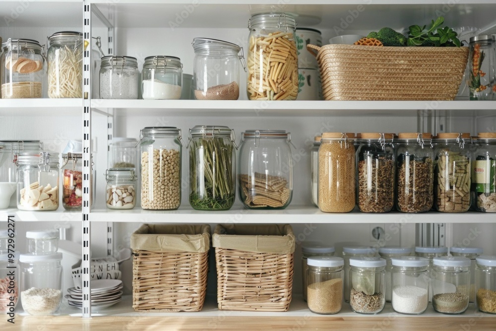 Organized pantry with clear jars and baskets, showcasing a variety of dry foods and ingredients Organized pantry with clear jars and baskets, showcasing a variety of dry foods and ingredients