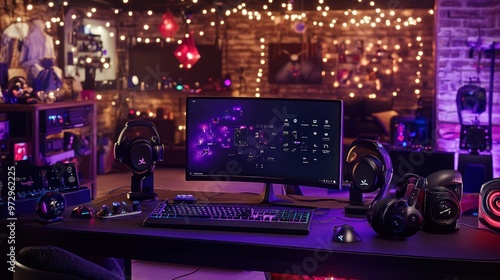 A vibrant gaming setup with colorful lighting and equipment for an immersive experience.