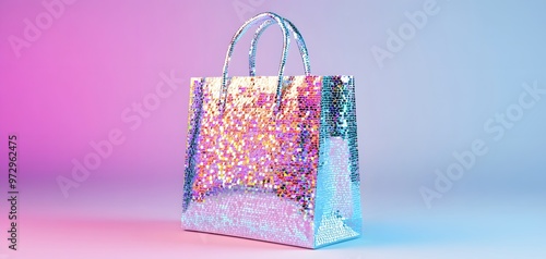 Shiny holographic shopping bag with sparkles against a colorful backdrop, perfect for retail and gift presentations.