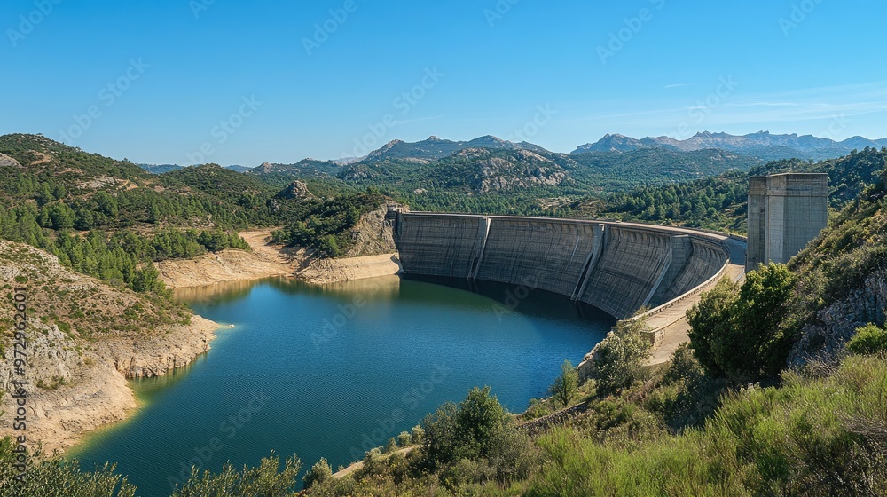 A panoramic view of a large water dam with its massive concrete structure and reservoir, surrounded by lush green hills and clear blue sky. A panoramic view of a large water dam with its massive concrete structure and reservoir, surrounded by lush green hills and clear blue sky.