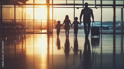 Silhouette of a Muslim Family Traveling Through a Calm Airport Terminal. Holiday concept