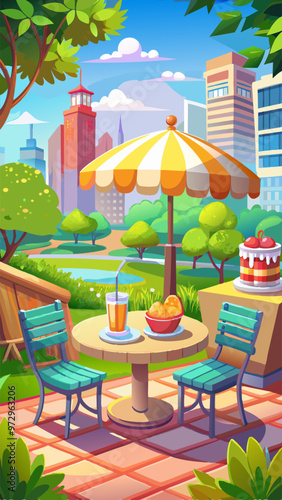 Outdoor cafe in city park on sunny day. Vector cartoon illustration of cake and glass of lemonade served on wooden table under umbrella, chairs and flowerpots on restaurant patio, cityscape background