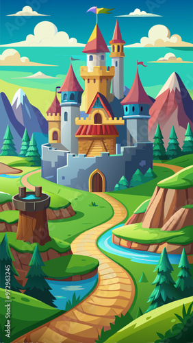 Cartoon fairy tale medieval castle vector kingdom landscape background. Path to princess palace fairytale fantasy game illustration. Road to magic nobility chateau with gate and tower in green valley