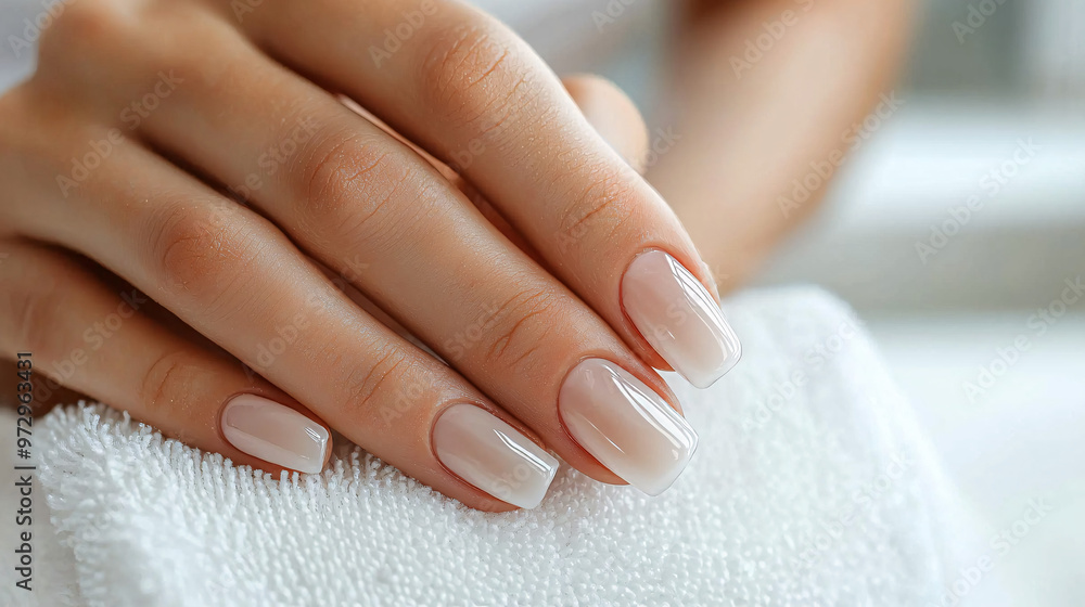 Realistic image of a person receiving a manicure with neatly polished nails and a clean work environment. Realistic image of a person receiving a manicure with neatly polished nails and a clean work environment.