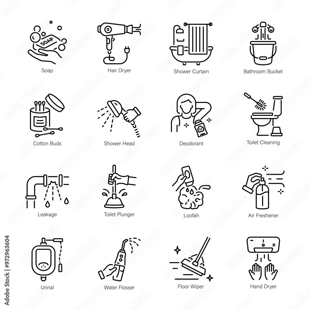 Fototapeta premium Bundle of Bathroom Equipment Linear Icons