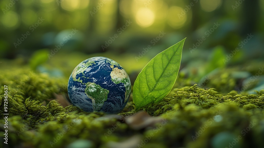 environmental concept of earth globe in moss with a green leaf, representing Earth Day, save the world, and sustainable fut environmental concept of earth globe in moss with a green leaf, representing Earth Day, save the world, and sustainable fut