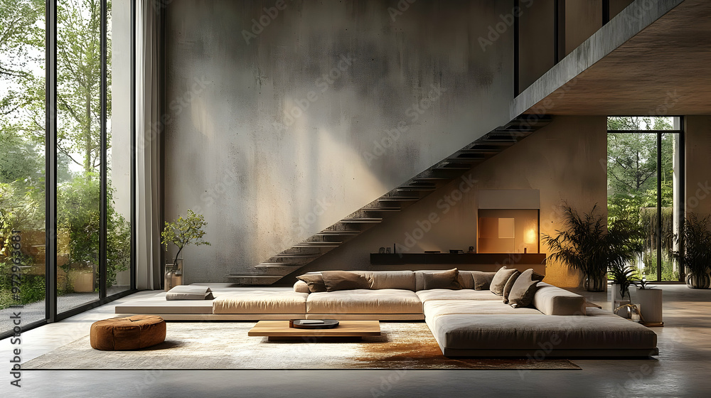 Modern living room with large windows, minimalist design, and natural light. Modern living room with large windows, minimalist design, and natural light.