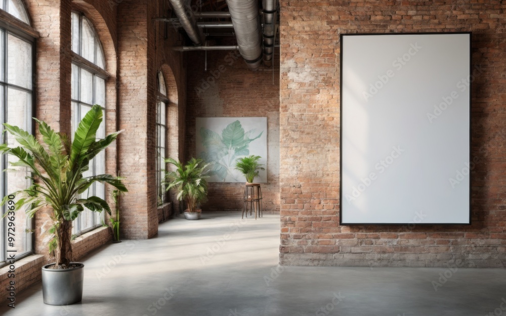 Fototapeta premium Modern Industrial Room with Large Windows, Exposed Pipes, Blank