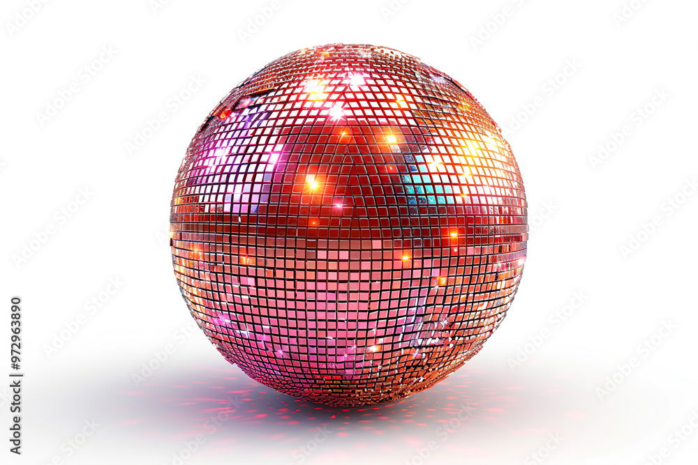 Classic disco ball is casting colorful light on a white background Classic disco ball is casting colorful light on a white background