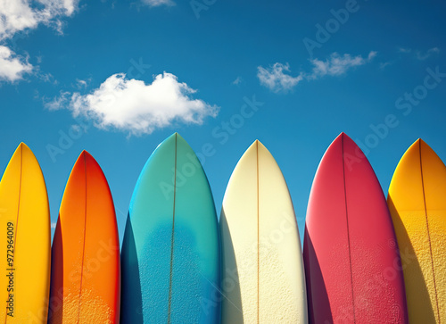 Colorful surfboards against a blue sky