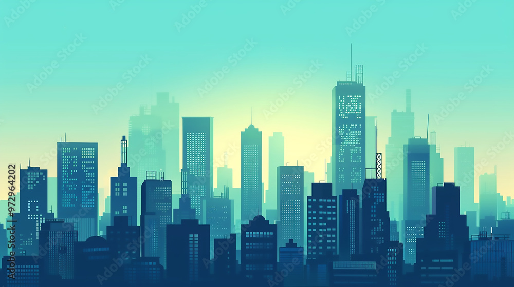 Fototapeta premium mysterious atmosphere at dawn A misty cityscape with tall skyscrapers shrouded in fog, creating a serene 