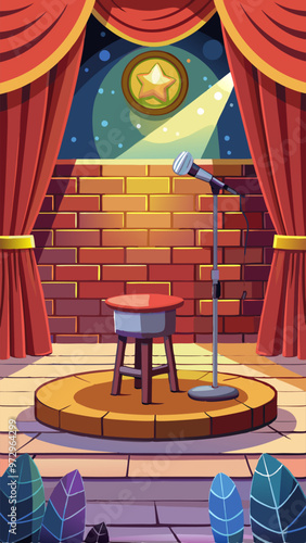 Stand up stage with mic and stool. Comedy show, music contest, karaoke concept with empty scene with microphone, chair and brick wall, vector cartoon illustration