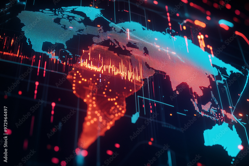 Obraz premium Global economy visualization, interconnected continents with glowing trade routes, financial markets, and stock exchanges, high-tech design
