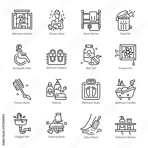 Collection of Bathroom Accessories Linear Icons 

