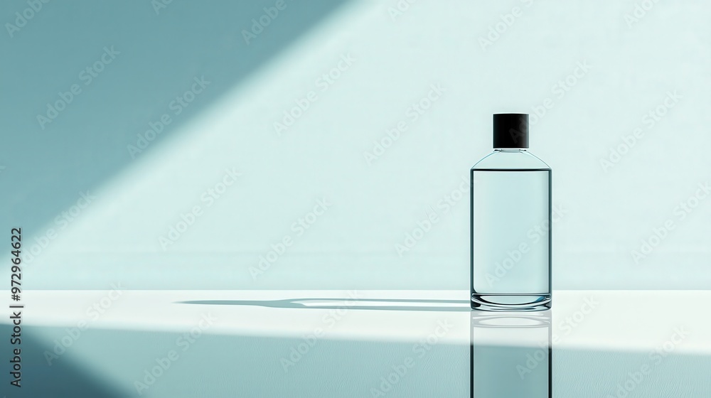 Micellar water with minimalistic packaging, placed on a sleek, reflective surface Micellar water with minimalistic packaging, placed on a sleek, reflective surface