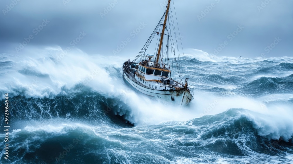 Fototapeta premium A photo of a storm-tossed boat struggling against heavy waves and strong winds at sea, illustrating the challenges and dangers of maritime storms.
