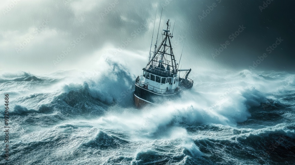 Obraz premium A photo of a storm-tossed boat struggling against heavy waves and strong winds at sea, illustrating the challenges and dangers of maritime storms.