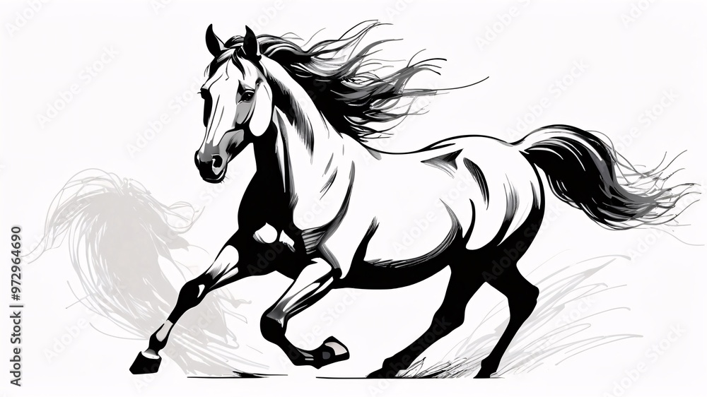 Black and white illustration of a horse running. Black and white illustration of a horse running.