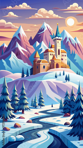 Winter landscape with castle, mountains, white snow and road. Vector cartoon illustration of royal palace, old chateau with towers on hill, snowy land with path and bare trees