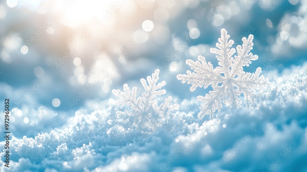 close-up of pure white snowflakes sparkling in sunlight, creating a magical winter effect on a light blue background close-up of pure white snowflakes sparkling in sunlight, creating a magical winter effect on a light blue background