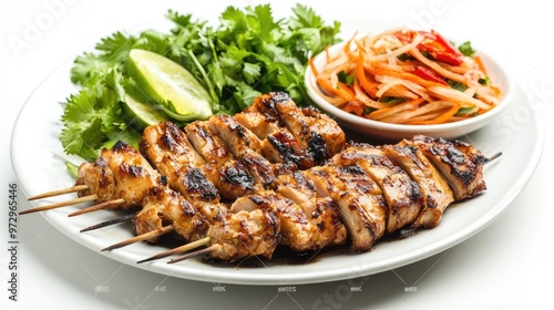 A plate of grilled chicken with a side of Som Tum, presented elegantly on a clean white background, showcasing the vibrant colors and appetizing presentation of the dish.