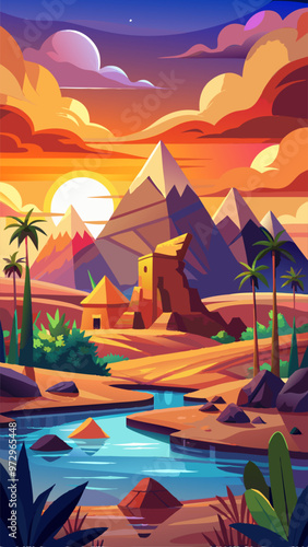 Pyramid in egypt desert oasis vector sunset landscape background. Ancient nile river scene drawing banner. Arabic archeology wild cactus and river cartoon illustration, great stone tomb, orange cloud
