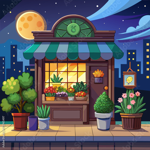 Flower shop interior at night. Cartoon vector illustration of dark empty closed florist store with plants and trees in pots, bouquet on wooden shelf, cash desk and large window with city outside.