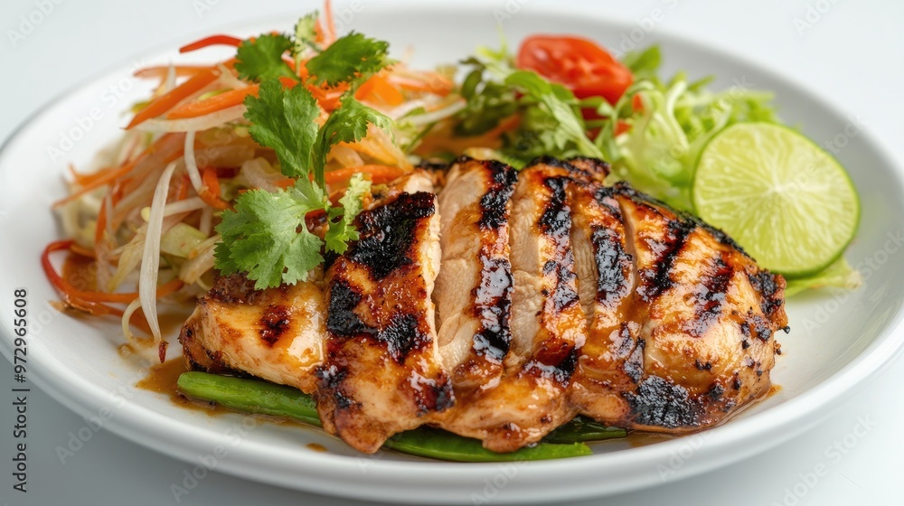 A plate of grilled chicken with a side of Som Tum, presented elegantly on a clean white background, showcasing the vibrant colors and appetizing presentation of the dish. A plate of grilled chicken with a side of Som Tum, presented elegantly on a clean white background, showcasing the vibrant colors and appetizing presentation of the dish.