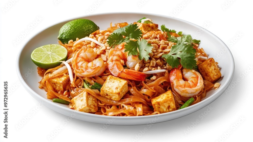 A plate of Pad Thai with perfectly stir-fried noodles, shrimp, tofu, and crushed peanuts, garnished with lime and cilantro, set against a clean white background. A plate of Pad Thai with perfectly stir-fried noodles, shrimp, tofu, and crushed peanuts, garnished with lime and cilantro, set against a clean white background.