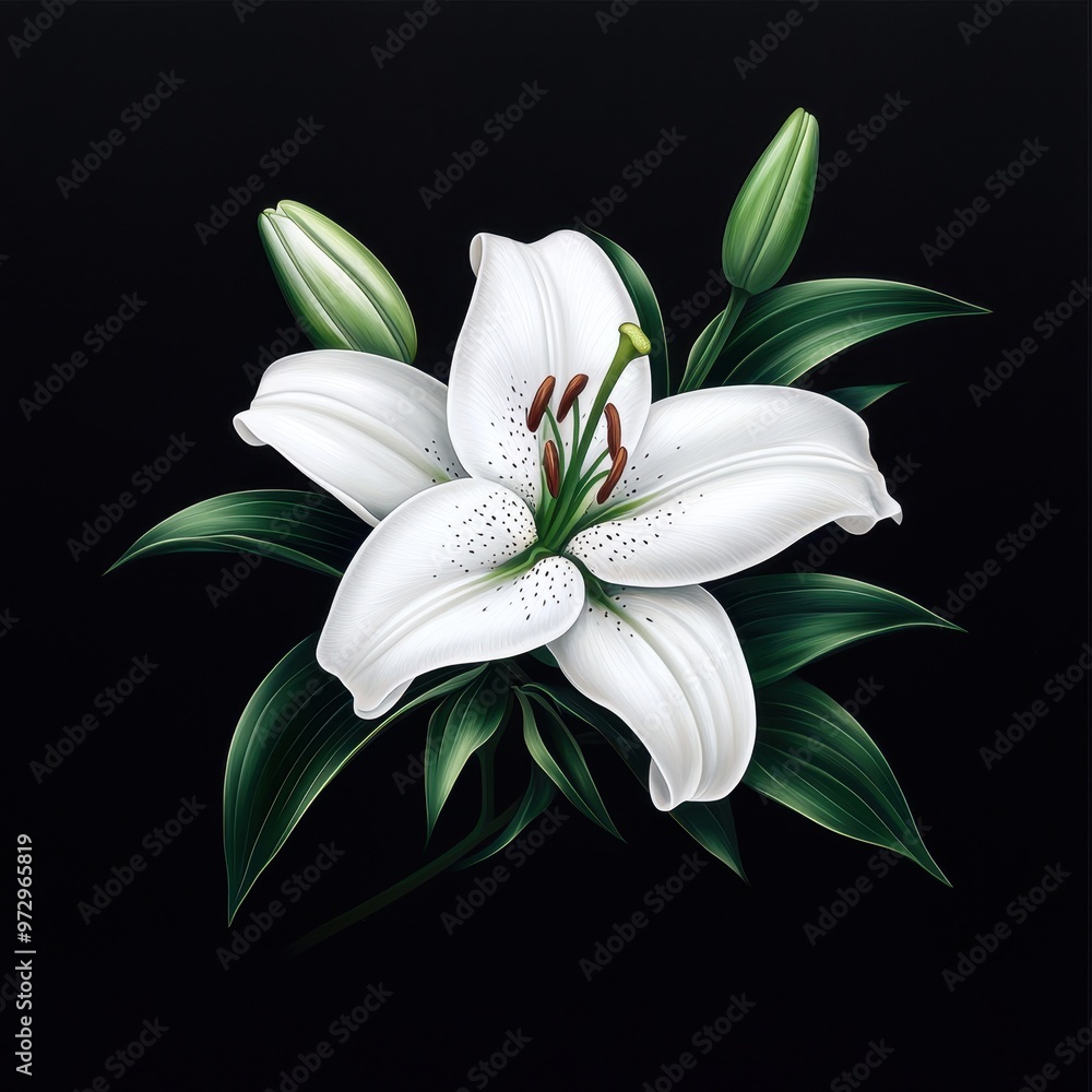 Obraz premium Beautiful white lily flower with green foliage on a dark background.