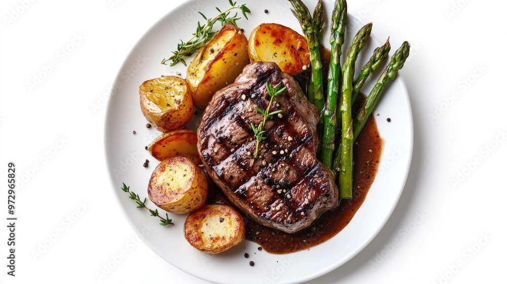 A plate of steak served with a rich peppercorn sauce, accompanied by roasted potatoes and asparagus, arranged on a white background to highlight the dish's details A plate of steak served with a rich peppercorn sauce, accompanied by roasted potatoes and asparagus, arranged on a white background to highlight the dish's details