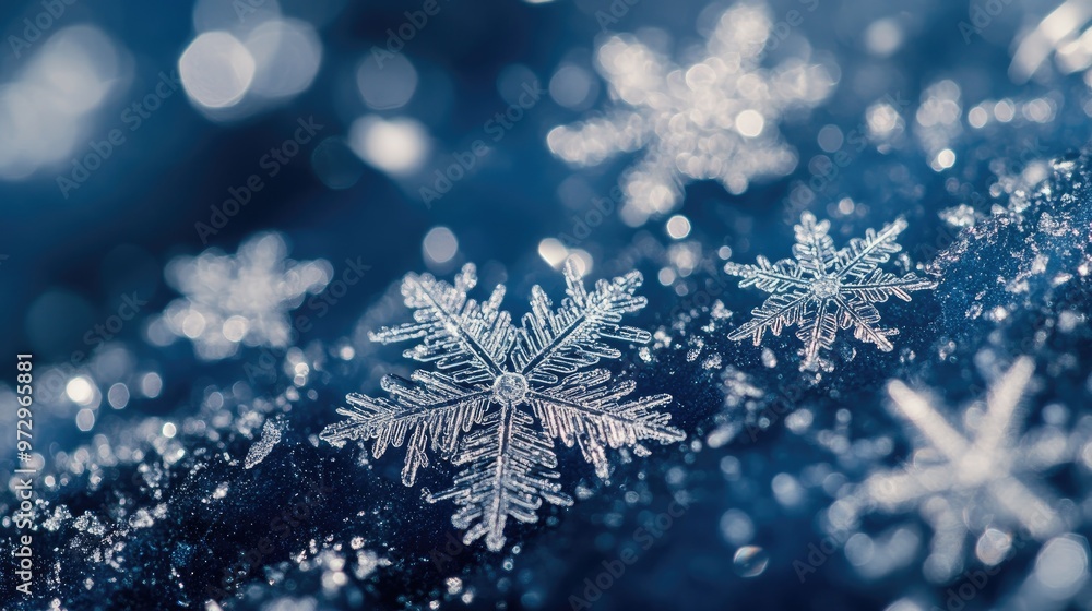 Close-up of delicate snowflakes on a rich blue background, their icy patterns standing out against the cool hues Close-up of delicate snowflakes on a rich blue background, their icy patterns standing out against the cool hues