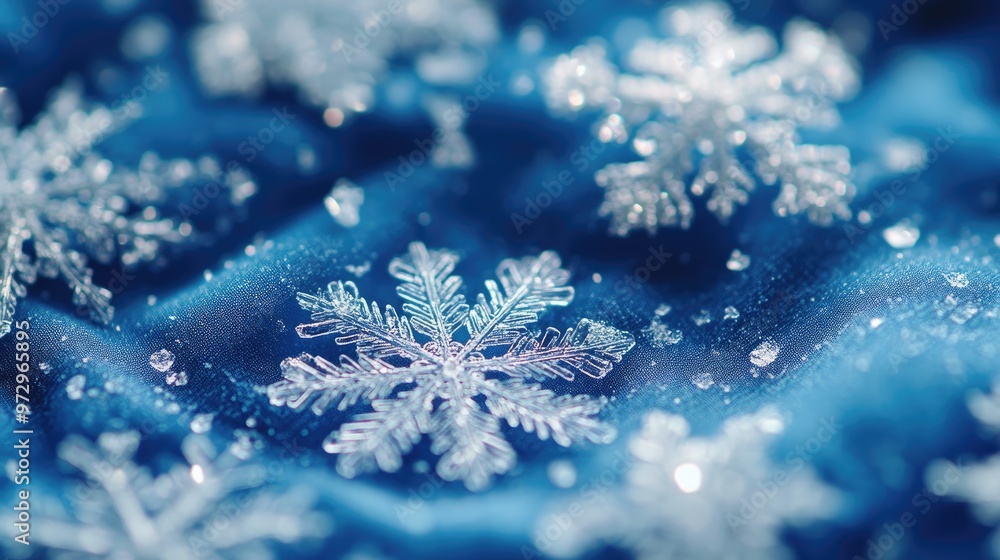 Close-up of delicate snowflakes on a rich blue background, their icy patterns standing out against the cool hues Close-up of delicate snowflakes on a rich blue background, their icy patterns standing out against the cool hues