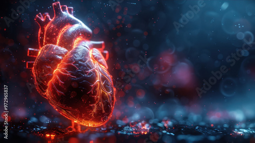 A glowing heart rendered with digital effects, symbolizing futuristic medical technology, cardiology research, and human anatomy advancements