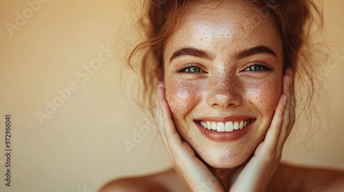 natural beauty portrait of a smiling caucasian woman, glowing skin and healthy skincare routine in focus