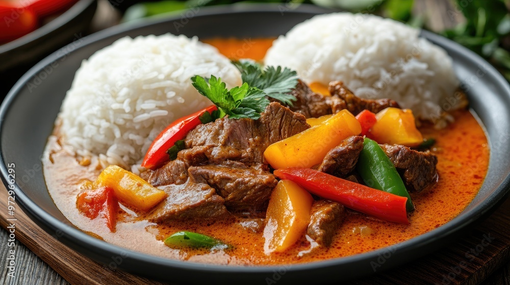 A plate of Thai Red Curry with tender beef and colorful bell peppers, served with a side of steamed rice, highlighting the rich and creamy texture of the curry. A plate of Thai Red Curry with tender beef and colorful bell peppers, served with a side of steamed rice, highlighting the rich and creamy texture of the curry.