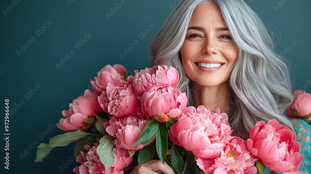 grey-haired mid-age woman smiling while holding peonies, representing beauty, elegance, and a love for vibrant blooms grey-haired mid-age woman smiling while holding peonies, representing beauty, elegance, and a love for vibrant blooms