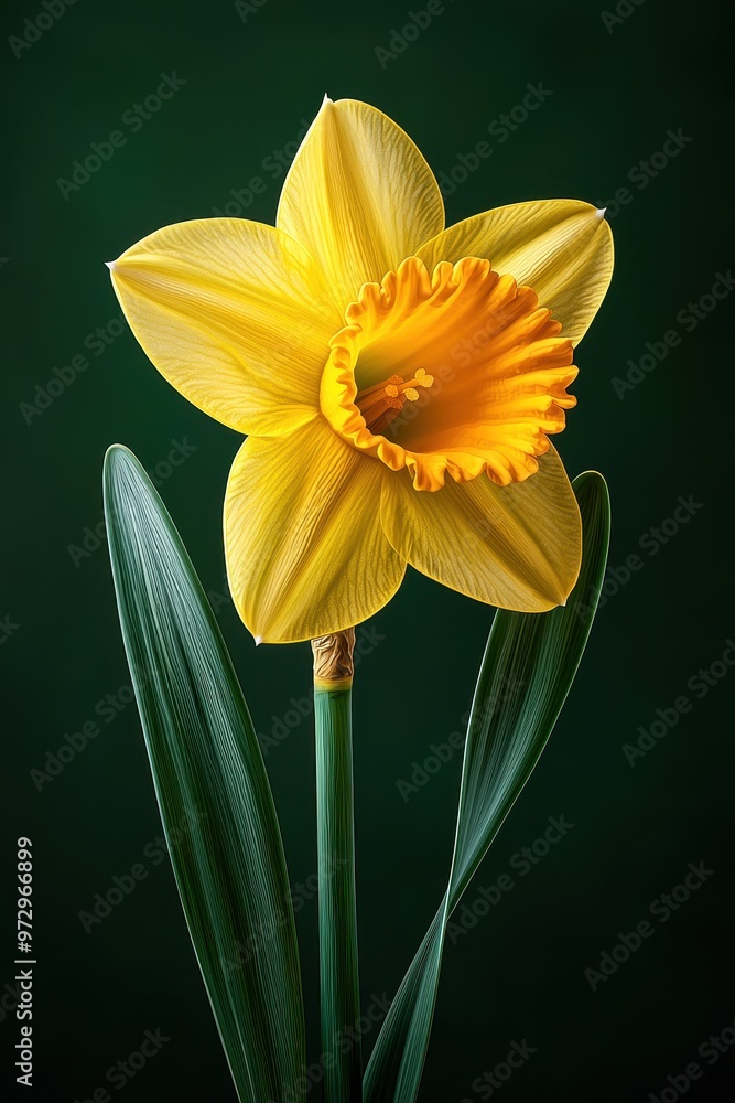 Vibrant yellow daffodil with striking petals against a dark green background. Vibrant yellow daffodil with striking petals against a dark green background.
