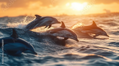 A pod of dolphins swimming together, weaving through the ocean waves with grace and speed, while the sun sets in the distance, casting a warm glow.
