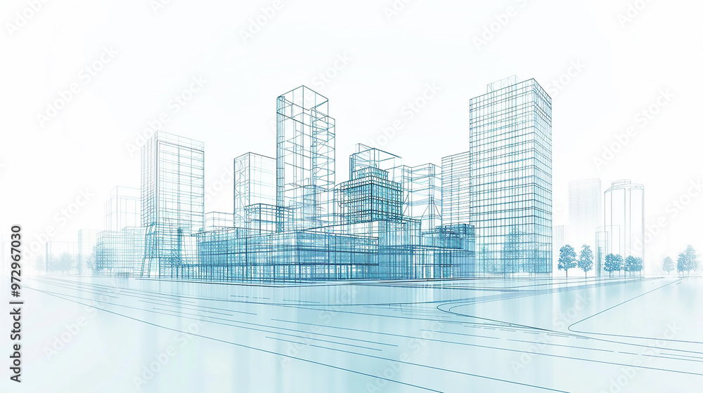 Fototapeta premium white background Modern Architecture building construction perspective design, building sketch line drawing 