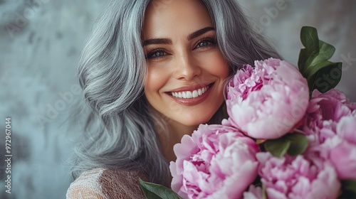 Fototapeta Naklejka Na Ścianę i Meble -  beautiful grey-haired woman smiling with a bouquet of peonies, embracing mature beauty and floral grace