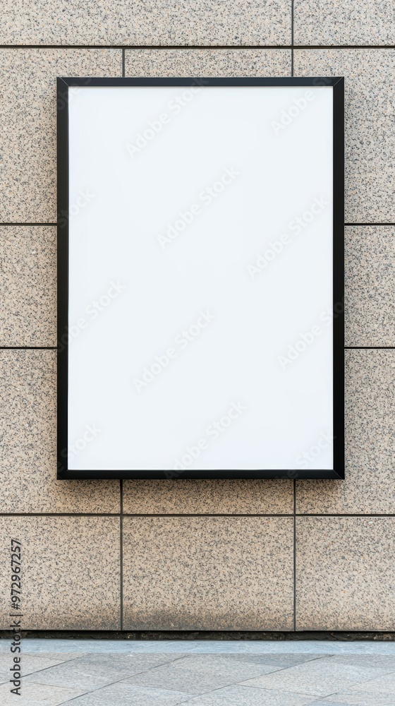 A large white sign is hanging on a brick wall A large white sign is hanging on a brick wall