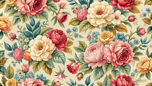 A seamless pattern featuring a variety of vintage flowers, retro, floral, design, repeating, background