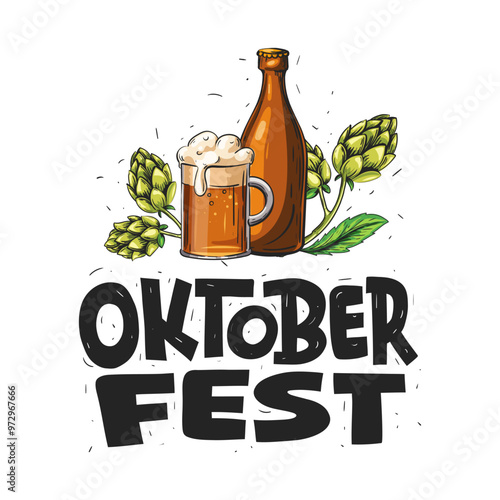 Oktoberfest. Beer illustration with a glass, bottle, hops, and bold text. Hand draw lettering. text design template vector