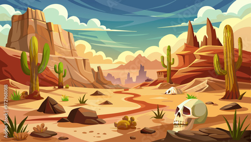 Desert landscape with sand and rock canyon, cactus and grass, animal skull and bones. Cartoon vector summer hot drought sandy scenery with stone cliff mountains, and vegetation. Wild western skyline.