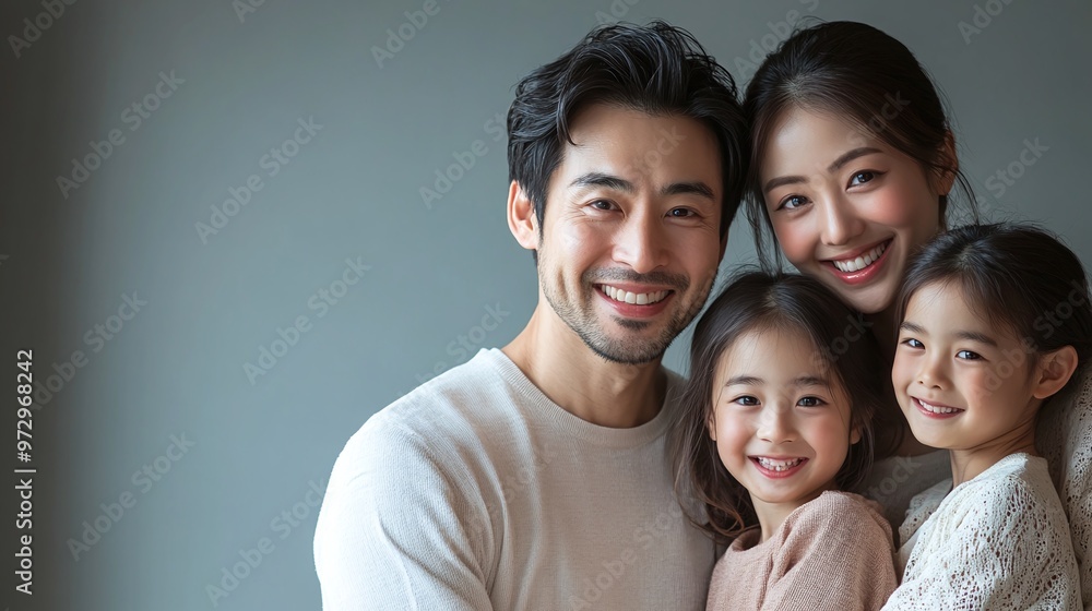 family portrait of a happy asian family on a gray background, showcasing togetherness, love, and lifestyle with copy space family portrait of a happy asian family on a gray background, showcasing togetherness, love, and lifestyle with copy space
