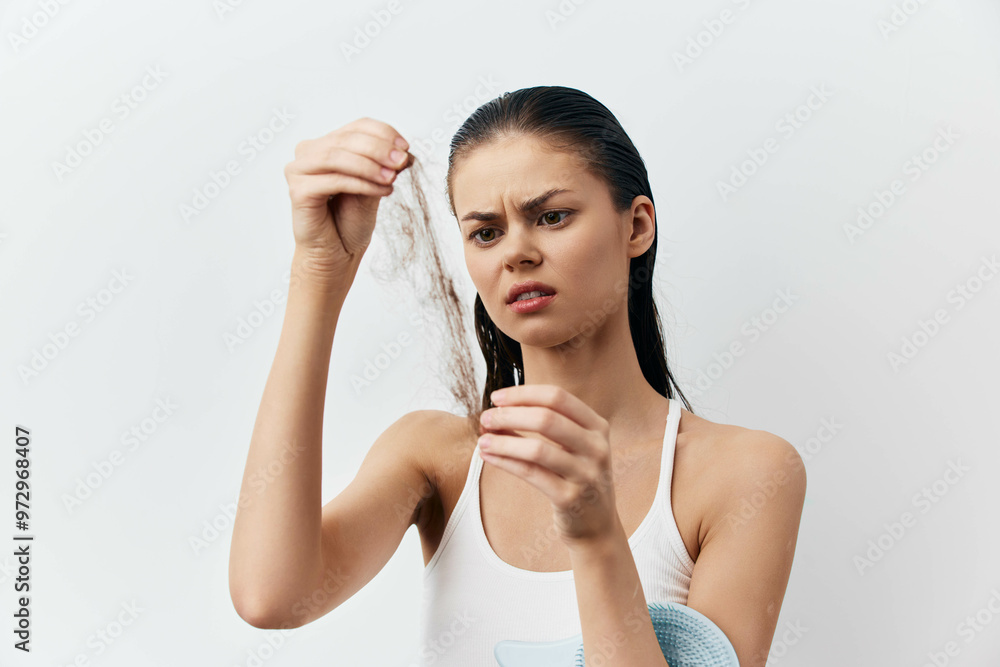Hair care, beauty routine, frustrated woman examining hair strand on white background, concerns about hair health, personal care concept focused on hair issues and solutions, beauty problems Hair care, beauty routine, frustrated woman examining hair strand on white background, concerns about hair health, personal care concept focused on hair issues and solutions, beauty problems
