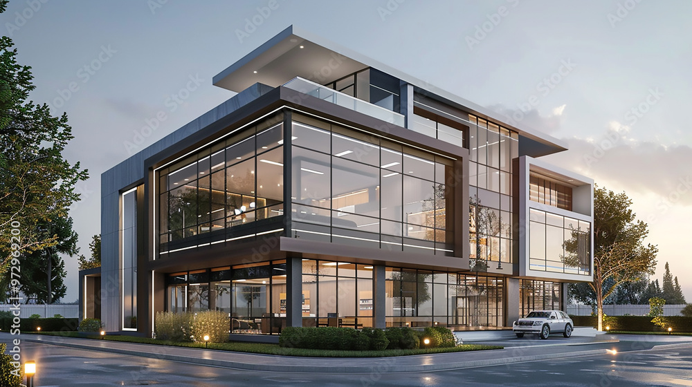 3D rendering of a stylish modern home with eco-friendly design elements and Lush Landscaping 3D rendering of a stylish modern home with eco-friendly design elements and Lush Landscaping