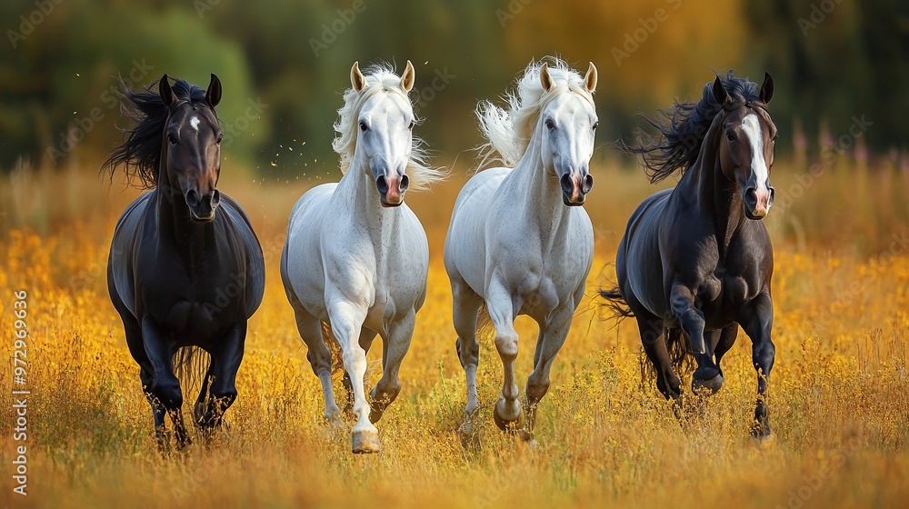majestic horses in motion, galloping freely in a scenic field, showcasing natural beauty and wildlife in the landscape majestic horses in motion, galloping freely in a scenic field, showcasing natural beauty and wildlife in the landscape